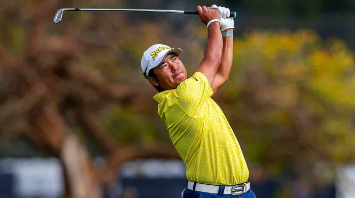 Hideki Matsuyama plays during the final round of the 2024 Genesis Invitational at Riviera Country Club.